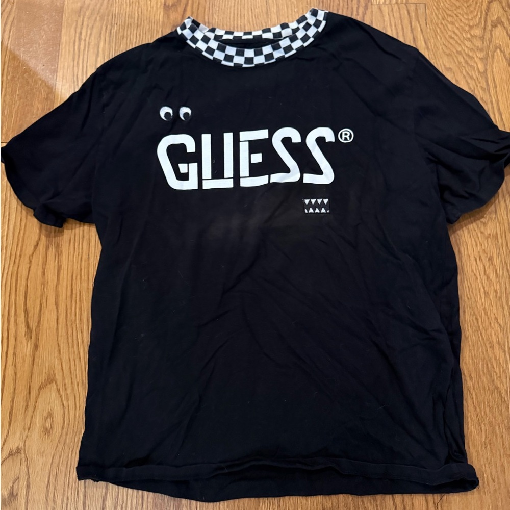 Guess Black Tee with Checkered Neckline